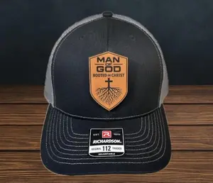 Man Of God Rooted In Christ Leather Patch Trucker Hat, Christian Cap, Richardson 112 Christian Hat, Religious Quotes, Bibble Gifts