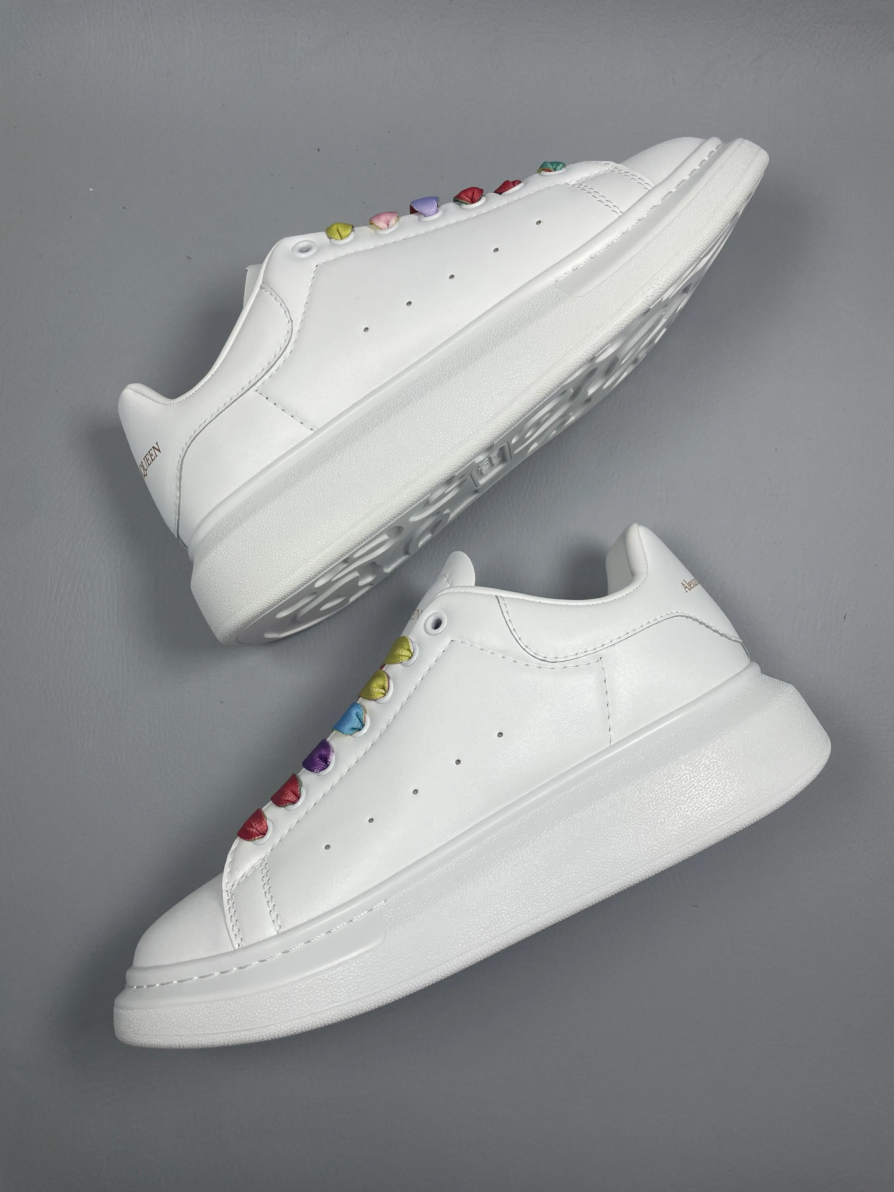 White Rainbow Lace Platform Leather Skate Sneakers, Thick Height Increasing Cushion Sole Casual Trainers, Cute All-Match Daily Walking Street Shoes For Women Men
