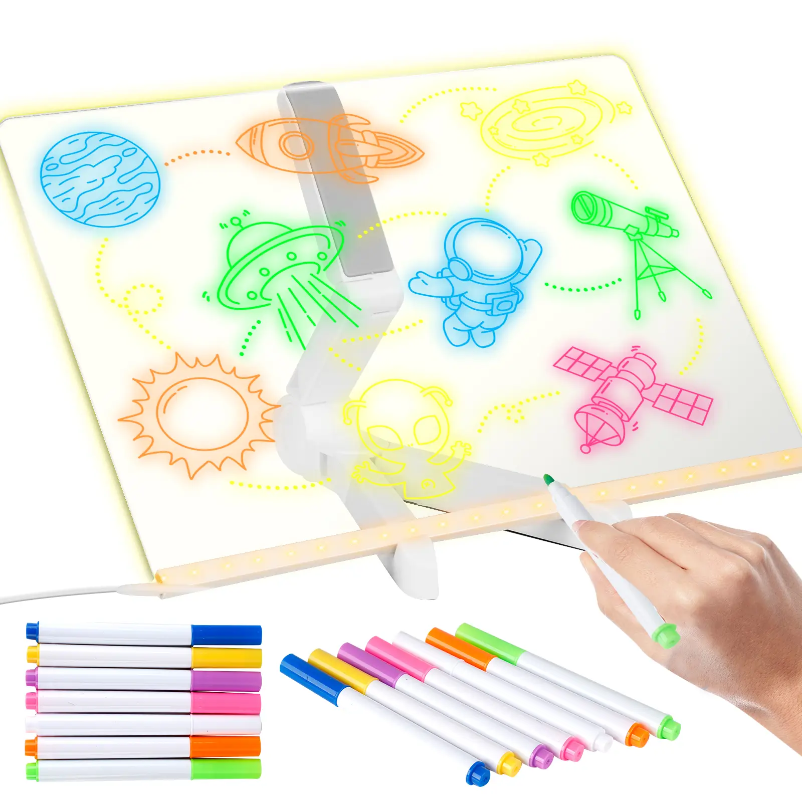 LED Note Board 11.8x8 Inch 7-Color Neon Glow Dry Erase Board with Light & Sturdy Stand for Kids Large Writing Surface Neon Highlight Markers Included