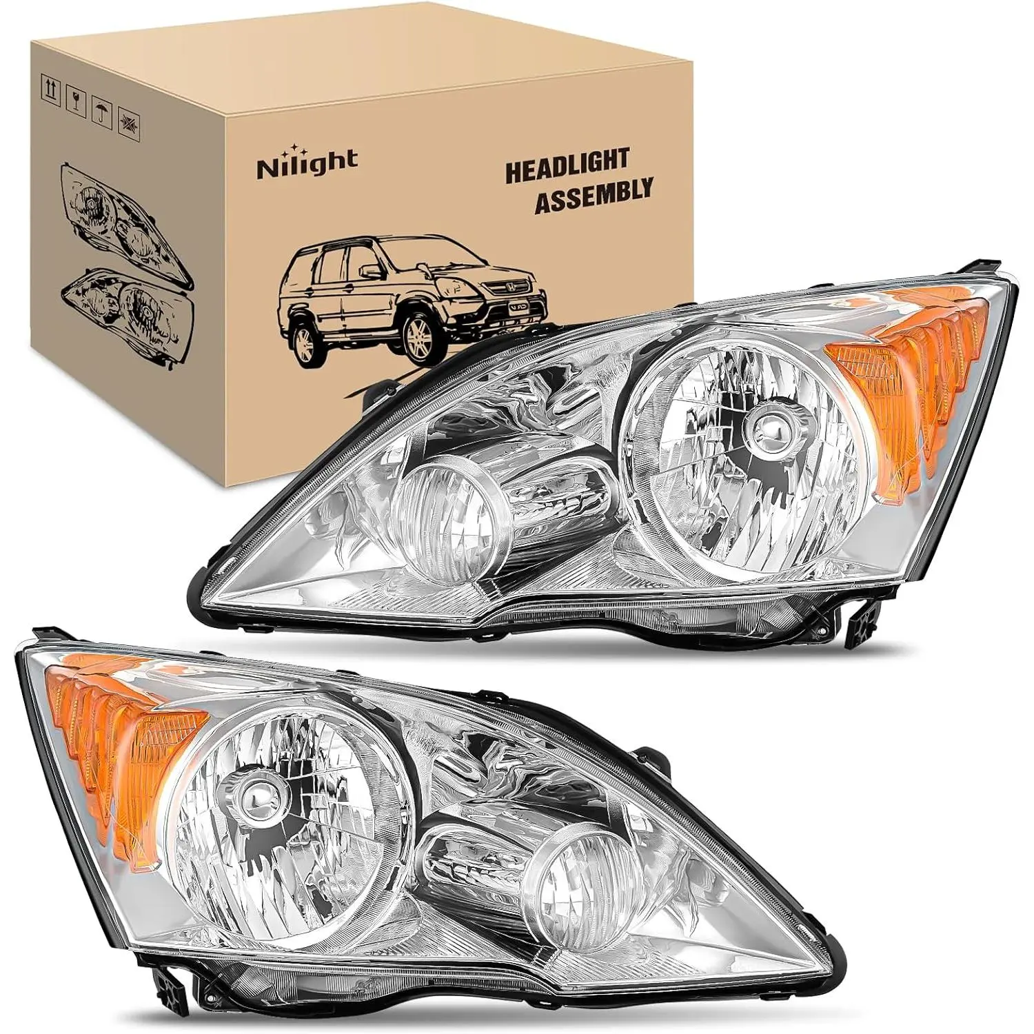 Nilight OE Fitment Car Headlights Assembly for Honda CR-V 2007-2011, Chrome Housing, Amber Reflector, Adjustable Beam, IP65 Rating, UV Resistant for Night Driving