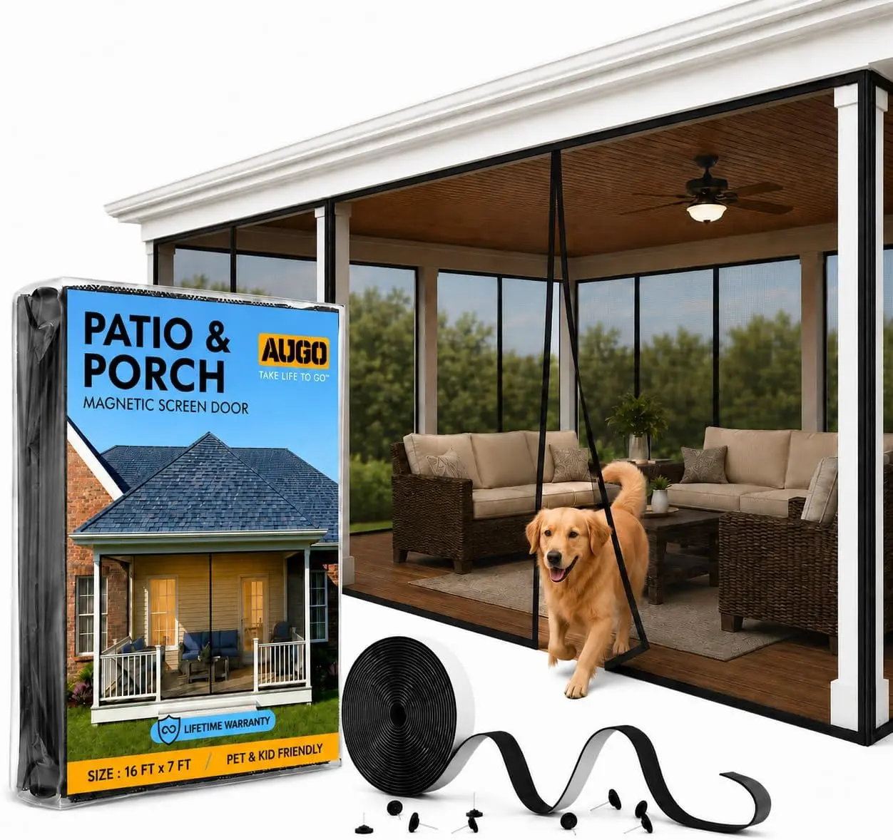 AUGO Magnetic Patio Screen Mesh 16 FT x 7 FT – Heavy Duty Mosquito Netting for Patio & Porch, No-Drill, Pet & Kid Friendly, Wind Resistant Privacy Mesh, Sun Blocking Cooling Outdoor Enclosure