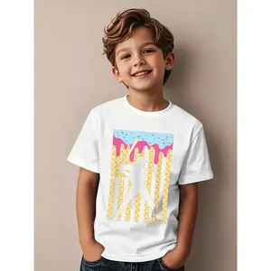 Boys' Cotton Fitted Fit Baseball T-Shirt - Slight Ice Cream Drip Graphic, "D" Design, White with Colorful Sprinkles, Short Sleeve Streetwear, Round Neck, Durable Casual Top, All-Season Wear Kids' Fashion