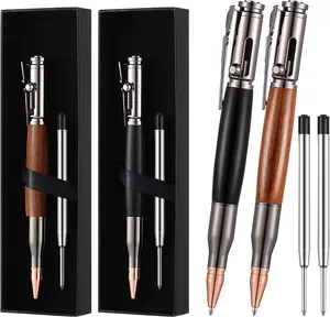 Bolt Action Pen 2 Pieces with Ballpoint Ink, Brass, Bullet-Shaped, Soft Head, 2 Pieces Refills & 2 Present Boxes for Father's Day, Valentine, Birthday