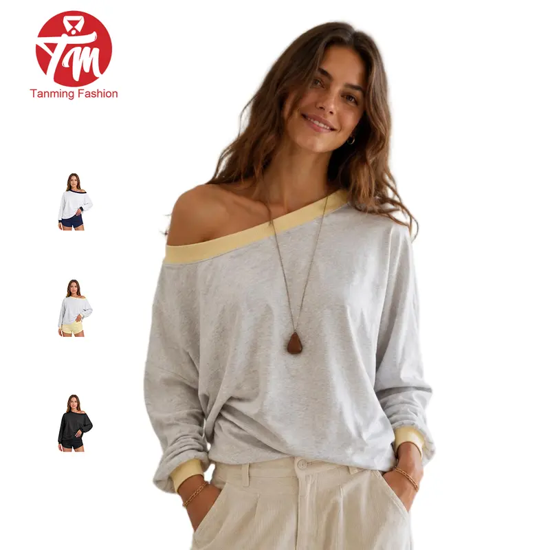 Tanming X Kadymoorestewart Womens Oversized Long Sleeve T-Shirt - Contrast Trim Off-the-Shoulder & Regular-Neck Pullover - Fall Winter Daily Casual Commute Office Date Shopping Party Outdoor Travel Streetwear Outfits