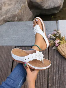 Summer Sweet Style Plus Size Women's Wedge Heel Sandals, Multiple Colors Leather Hollow Out Decorations, Thick Soled Sandals