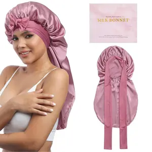100% Mulberry Silk Long Bonnet for Sleeping Adjustable Single Layer Silk Bonnets for Women Long Hair Bonnet with Elastic Tie Band