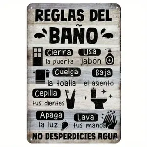 Vintage Spanish Bathroom Rules Aluminum Sign Rustic Farmhouse Wall Art 8X12 Inch With Pre Drilled Holes For Home Cafe Bar Bathroom Decoration Gift