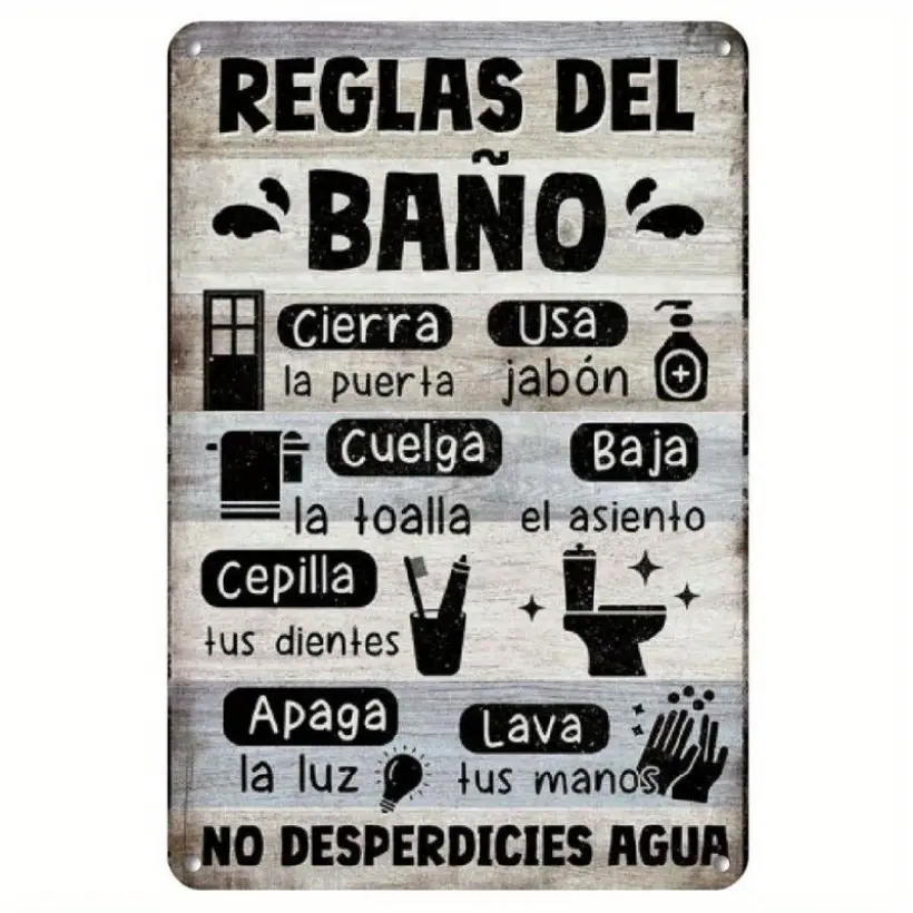 Rustic Spanish Bathroom Rule Aluminum Sign, Pre-Drilled Wall Decor, Ideal for Home, Coffee Shop, Bar, Bathrooms, Gift Idea