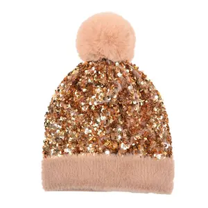 Women's Soft Detachable Winter Knit Hat, Thickened Warm Woolen Cap, Shiny Sequins Design, Perfect for Cold Weather