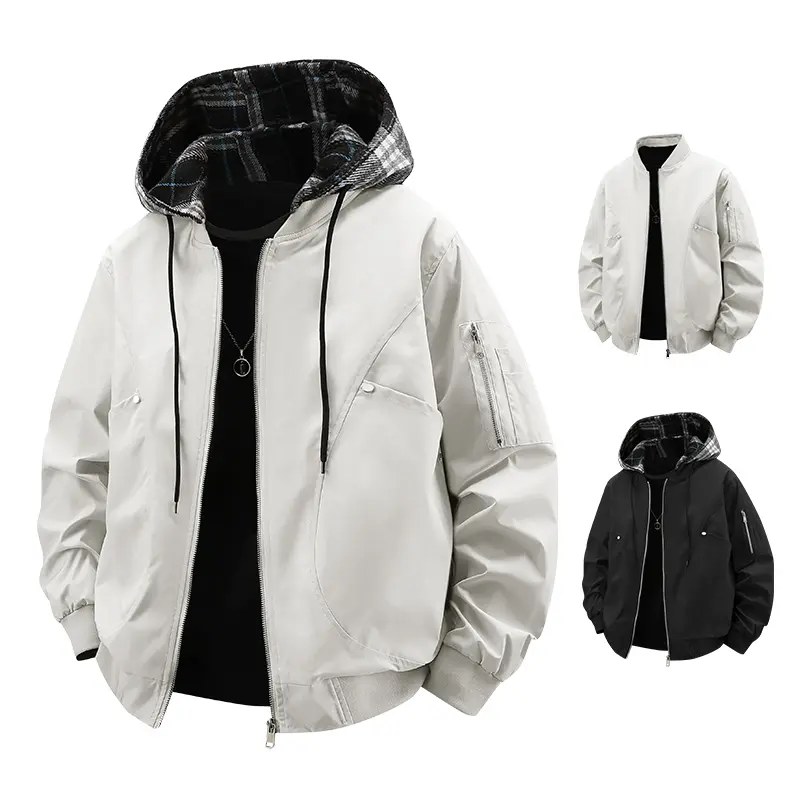 Men's New Oversized Plain Casual Menswear Detachable Hooded Jacket with Zipper Pockets