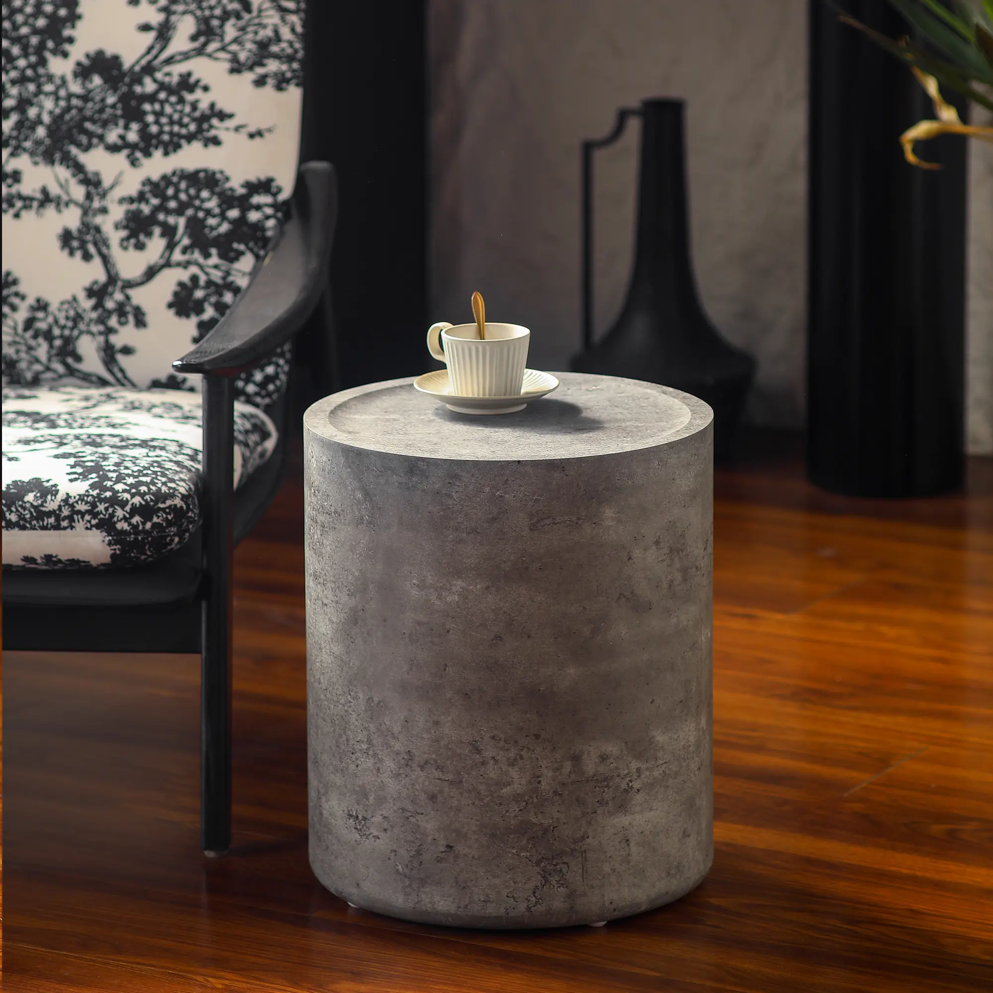 Modern Faux Concrete Round Corner Accent Table, No Assembly End Side Table for Living Room Bedroom, No Assembly Required, Stone Gray/Beige