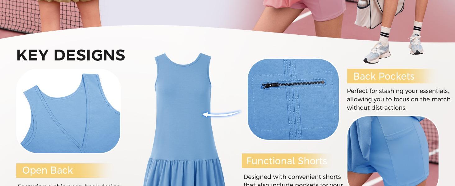 Fisoew Womens Athletic Dresses with Shorts & Pockets Backless Tennis Golf Mini Dress Bubble Hem Workout Active Outfits