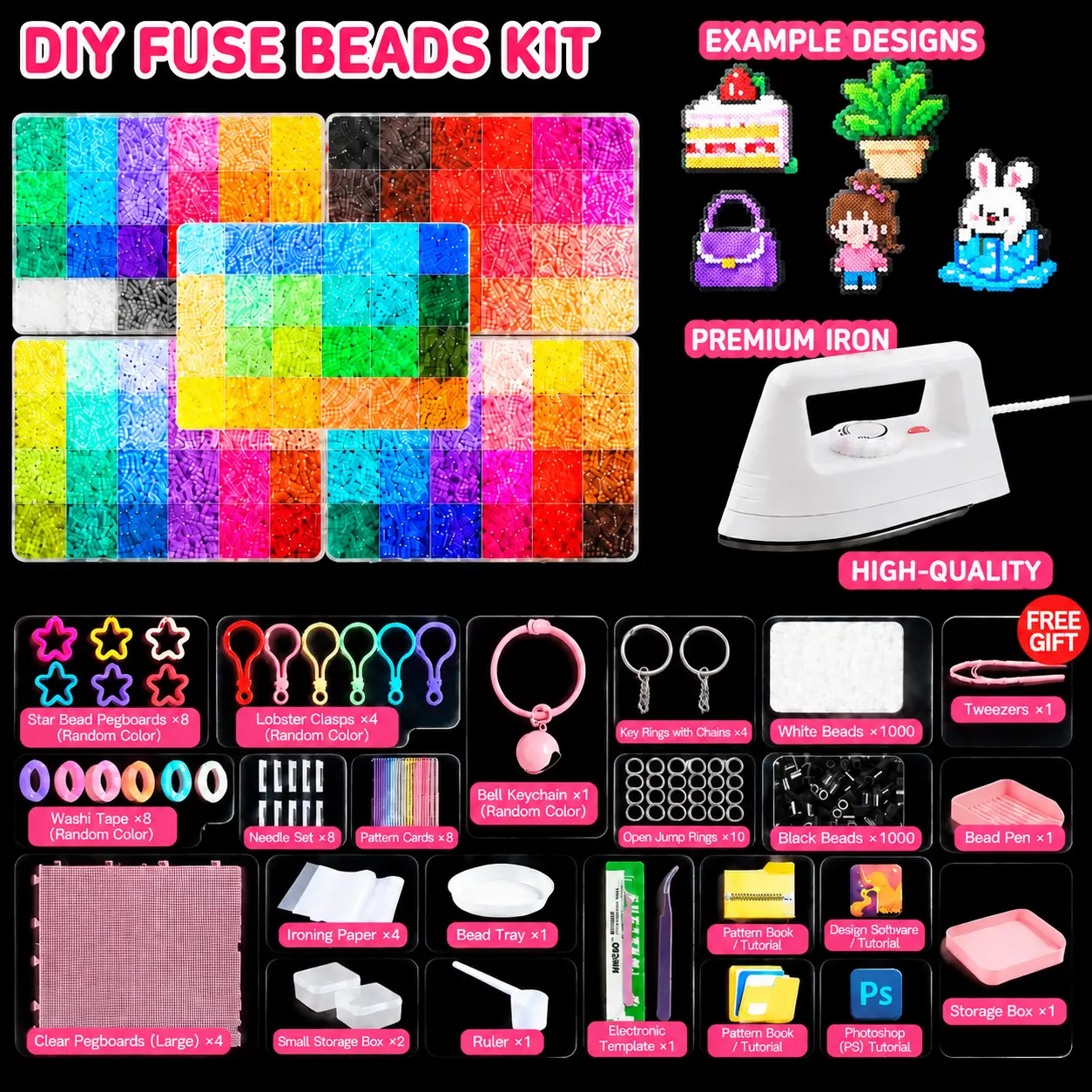 3D Fuse Beads Craft Kit - 2.6mm Bead Assortment with Iron, Screen-Free DIY Beading Accessories, 24-120 Colors (Up to 72,000 Pcs Including 62,000 Pcs Option) for Handicraft Enthusiasts, Student End-Of-Year Gifts, 62,000Pcs