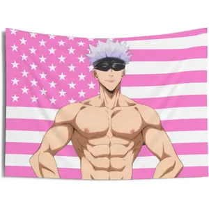 60in x 40in   tapestry JJK Gojo Pink American Flag Tapestry, Anime Funny Room Merch, JJK fan Gift Idea, Wall decor for anime fan, USA flag banner, college dorm decoration  poster  home decor banner wall art bedroom