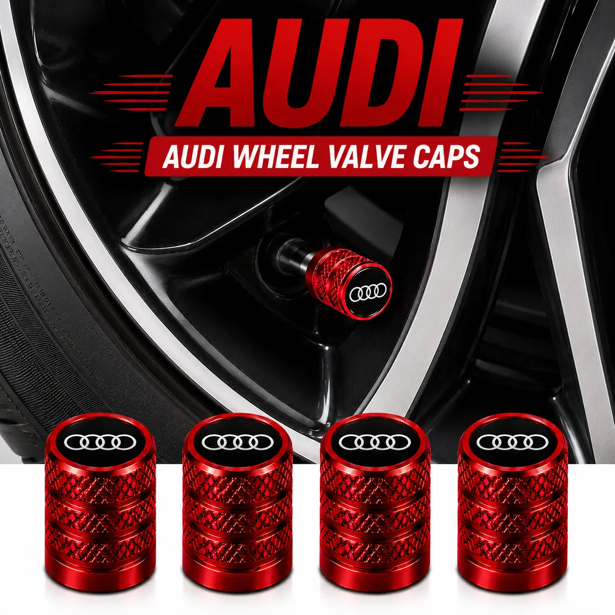 5Pcs Glossy Tech Aluminum Tire Valve Stem Caps Fit for Audi A4 Q5 A6 Q3 Q7 A3 Q8 A5 A7 A8 S4 RS5, Sleek Polished Finish Rubber Seal Anti-Rust Modern Luxury Car Wheel Air Valve Cover Parts