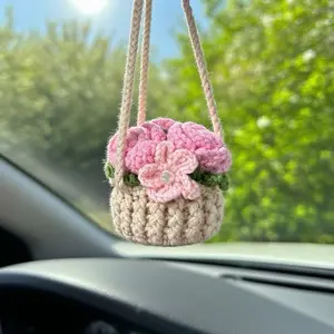 Handmade Crocheted Flower Car Charm, Rear View Mirror Hanging, Knitted Car Accessory, Boho Decor, Car Lover Gift for Her, Pastel Floral
