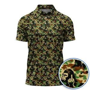 Funny Bigfoot Middle Finger Golf Polo Shirt, Sasquatch Camo Polo for Men, Novelty Golfer Gift, Father’s Day Apparel