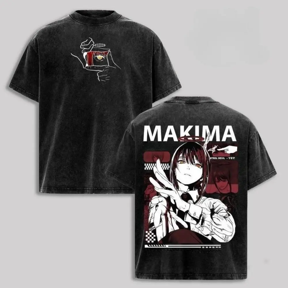 Makima Control Devil T-Shirt, Chainsaw Man Anime Graphic Tee, Y2K Vintage Streetwear Oversized Shirt, Acid Wash Soft Cotton Gym Pump Cover, Unisex Anime Outfit Gift for Fans Chainsaw Man anime merchandise