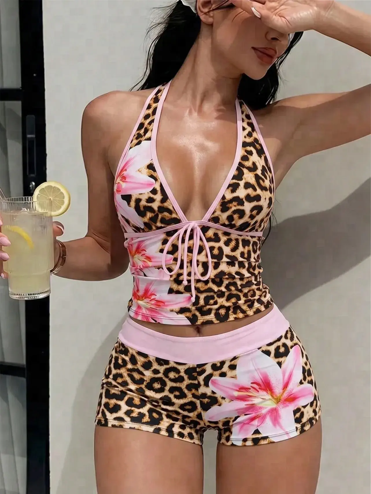 2 Piece Bikini Set Leopard Halter Colorblock Trim Slim Fit Beach Vacation Summer Outfit 2 Piece Bikini Set Leopard Halter Colorblock Trim Slim Fit Beach Vacation Summer Outfit