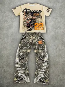 American Vintage 90s Street Style Racing Suit | Baggy Camouflage Forest Print Cargo Sweatpants and Distressed Graphic Shirt | Aesthetic 22 Number Co-ord Set for Men & Women