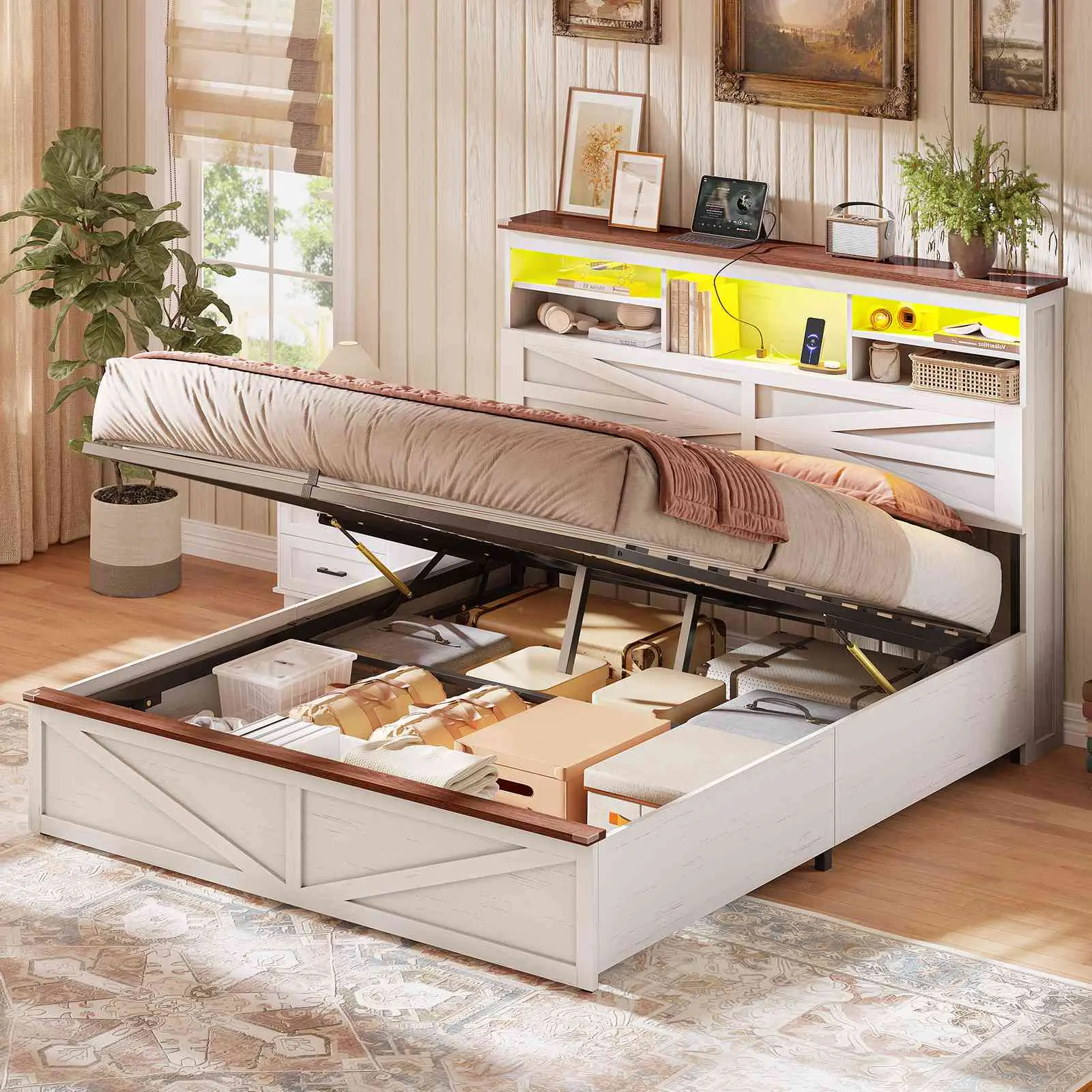AOGLLATI Farmhouse Full Size Bed Frame with Lift Up Storage and Hidden Bookcase Headboard Wood Bed Frame with Charging Station and Led Lights