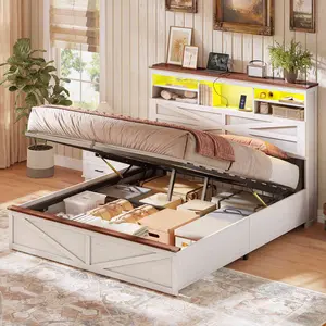 AOGLLATI Farmhouse Full Size Bed Frame with Lift Up Storage and Hidden Bookcase Headboard Wood Bed Frame with Charging Station and Led Lights