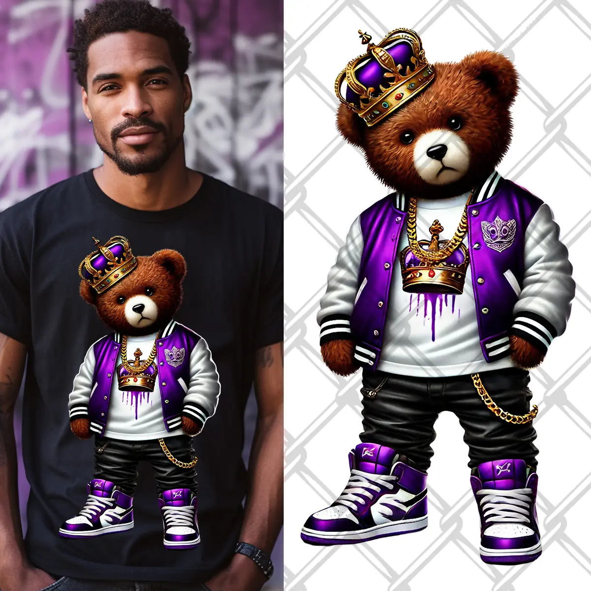 4-Pack, 6-Pack or 8-Pack DTF Heat Transfer Gang Sheet Hip Hop Bear Ready to Press for DIY T-Shirt Printing