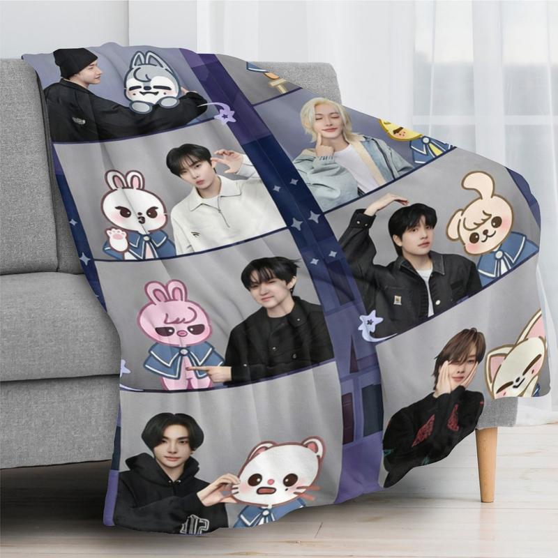 SKZ Idol Printed Blanket – Soft Flannel All-Season Throw with Cartoon Design, Cozy Bed, Sofa & Travel Blanket for Fans
