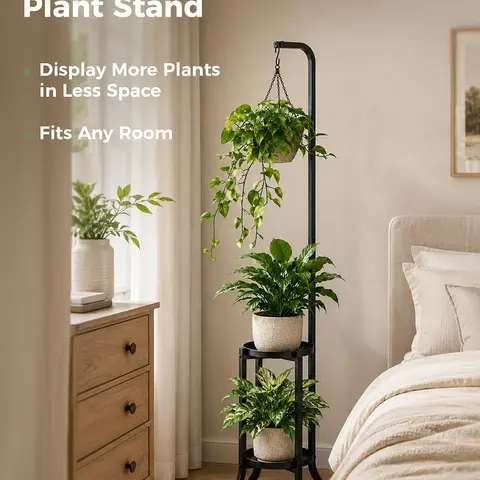 Bamworld Wrought Iron Tall Hanging Plant Stand - Dual-Use Indoor Corner Shelf & Outdoor Black Garden Trellis Kit with Hanging Space, Vertical Display for Modern Home Decor, Home Improvement