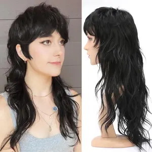 BESUTNG 80s 90s Mullet Wigs Pixie Cut Wigs with Bangs for Black Women, Wolf Wig Wavy Long Black Synthetic Split Wigs with Fringe Mullet Wig for Women Long Cosplay wig