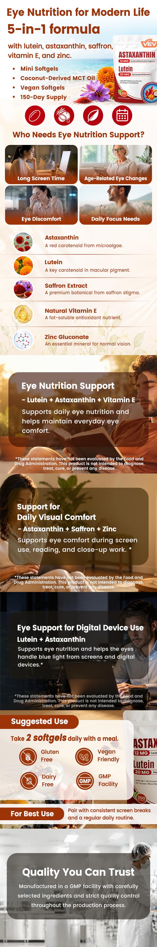 VEV Astaxanthin Lutein Saffron Softgels – 12mg, 20mg, 20mg with MCT Oil – 300 Count, Vegan Antioxidant Nutrient Supplement Antioxidant Capsules