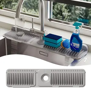 【Buy large get small free】24-Inch Silicone Faucet Mat for Kitchen & Bathroom Sink – Water Draining Splash Guard with 6 Slope Design and Fasten Button – Grey