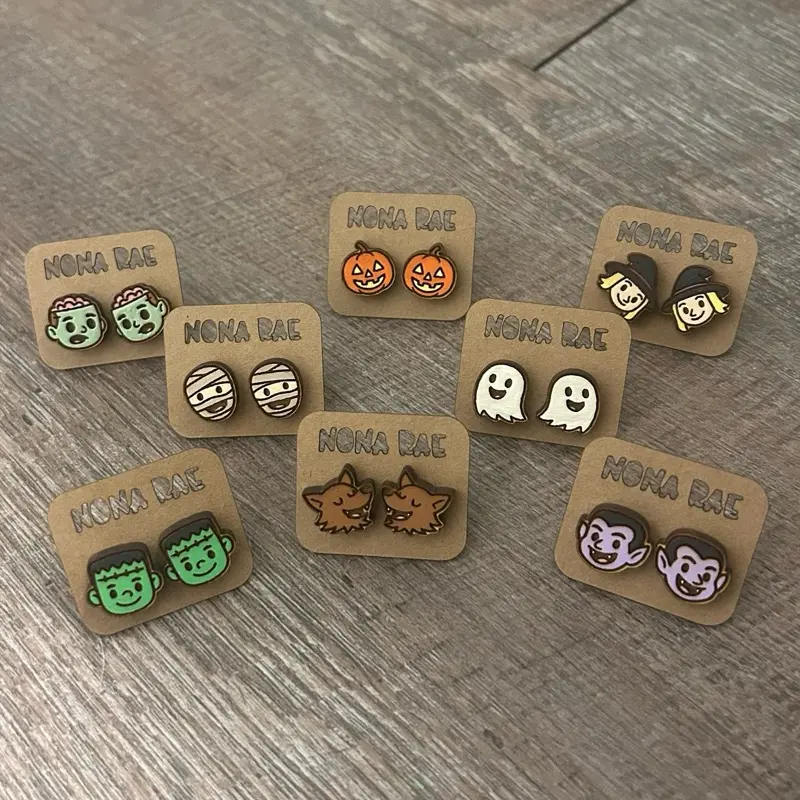 Halloween Stud Earrings – Pumpkin, Witch, Ghost, Mummy, Werewolf, Frankenstein, Vampire & Zombie Designs – Laser Cut Wooden Earrings