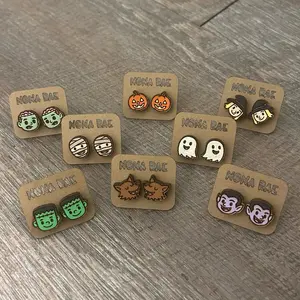 Halloween Stud Earrings – Pumpkin, Witch, Ghost, Mummy, Werewolf, Frankenstein, Vampire & Zombie Designs – Laser Cut Wooden Earrings
