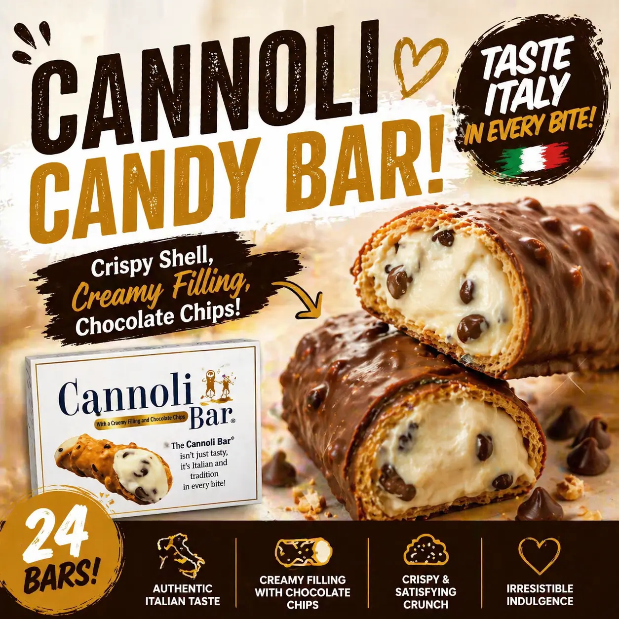 Cannoli Candy Bar 1.65 oz 24 Count  Crispy Cannoli-Inspired Chocolate Bars | Individually Wrapped Italian Dessert Treats