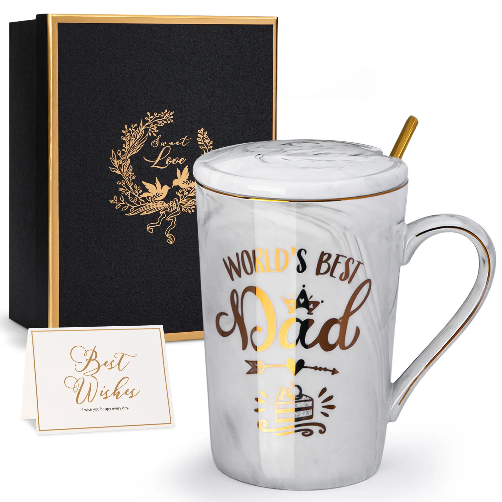 Father's day gift ideas for Dad from Daughter Son, Worlds Best Dad Mug - 14Oz Grey Marble Coffee Mug with Gold Print, Birthday Gift from Kids,  Nice Gift Boxed anniversary  gift Drinkware Tumbler graduation gift Ceramic Mug