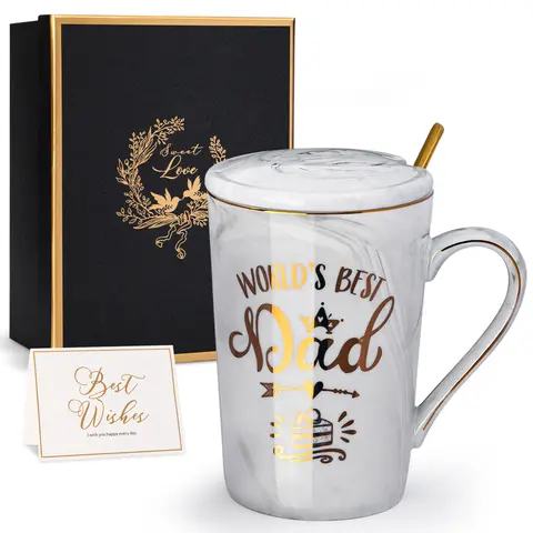 Father's day gift ideas for Dad from Daughter Son, Worlds Best Dad Mug - 14Oz Grey Marble Coffee Mug with Gold Print, Birthday Gift from Kids,  Nice Gift Boxed anniversary  gift Drinkware Tumbler graduation gift Ceramic Mug