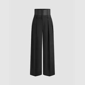 Cider [size 2-10] Woven Mid Rise Solid Corset Belt Wide Leg Trousers
