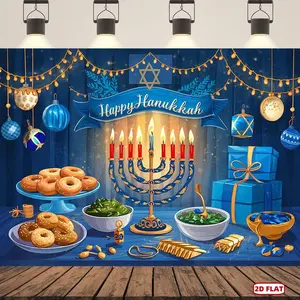 1pc Hanukkah Party Banner - Vibrant Polyester Backdrop with Menorah, Dreidels & Festive Decorations for Home, Wall, and Holiday Celebrations, Celebration Background | Vibrant Festive Design | Dur