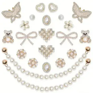Women's 24-Pcs Sparkling Shoe Charms - Pearl, Flower, Rhinestone Shoe Chains, Bling Beauty Accessories for Party Footwear