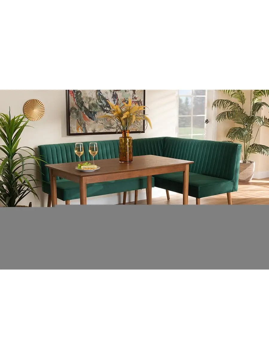 Baxton Studio 193271207657 Alvis Mid-Century Modern Velvet Upholstered & Wood Dining Nook Set, Emerald Green & Walnut Brown - 3 Piece