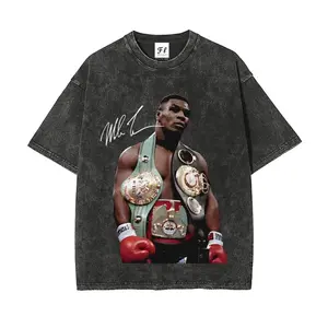 Retro Washed Mike Tyson Champion Signature T-Shirt, Double-Sided Print Unisex Streetwear Tee, Loose Fit Casual Short Sleeve for Men & Women