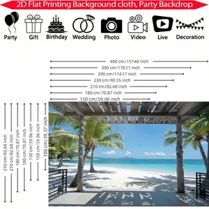 2D flat, 1 piece tropical palm tree beach mural, self-adhesive wallpaper, realistic ocean background with turquoise water and palm leaves, easy to install no tools _ power, removable, suitable for lying