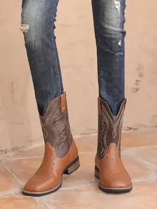 Men's Fashion Embroidering Design Pointed Toe Boots, Western Cowboy Style Embroidered Casual Comfortable Mid-calf Male All-match Trendy Shoes for Daily Wear, Stretch, Easy Off, Durable, Chelsea, Stable