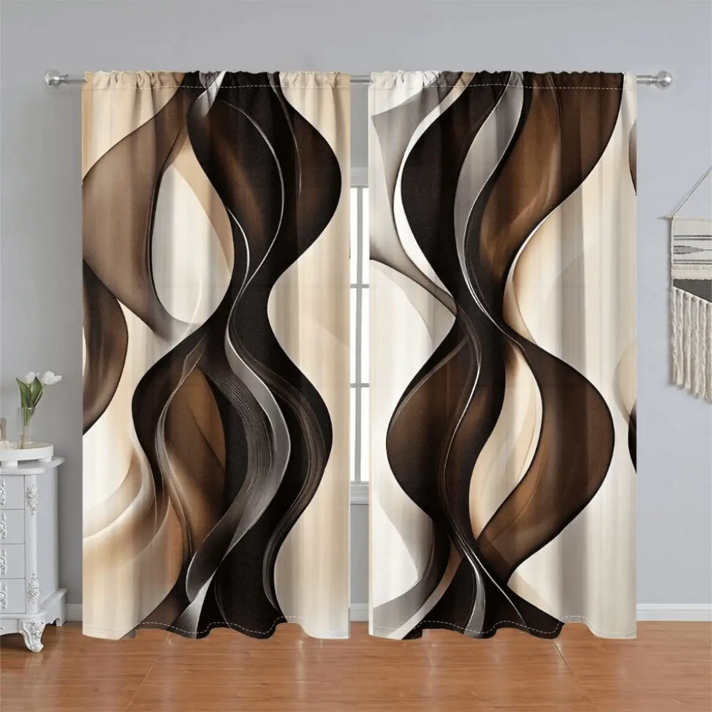 2Pcs Abstract Swirl Pattern Curtains, Home Decorative Curtain, Home Decoration Curtain, Brown and Cream Wave Print Drapes, Rod Pocket Style Semi-Sunshade Window Panels for Living Room, Bedroom, Balcony, Kitchen, Sheer Printed Curtains