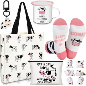 Cow Lover Gifts for Women Birthday Gifts Baskets Set Include Canvas Tote Bag, Makeup Bag, Socks, Keychain, Enamel Mug, Small Figurines for Mom, Wife, Sister, Friend