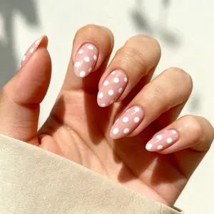 24 Pcs Almond Shape False Nails, Fake Nails, Nude Base with Polka Dots, Sweet Minimalist Style, Perfect for All Seasons, Ideal for Dates, Weddings, Daily Wear