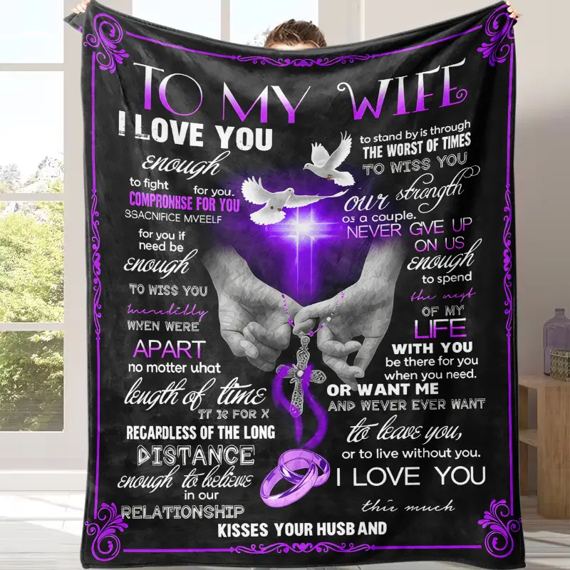 Throw Blanket, Flannel Lap Fleece Blanket Printed with To My Wife Romantic Message Dove Cross Ring Art, Versatile Indoor Outdoor Blanket for Sofa Bed Travel Camping, Daily Home Decor Sentimental Present Blanket for Wife from Loving Husband