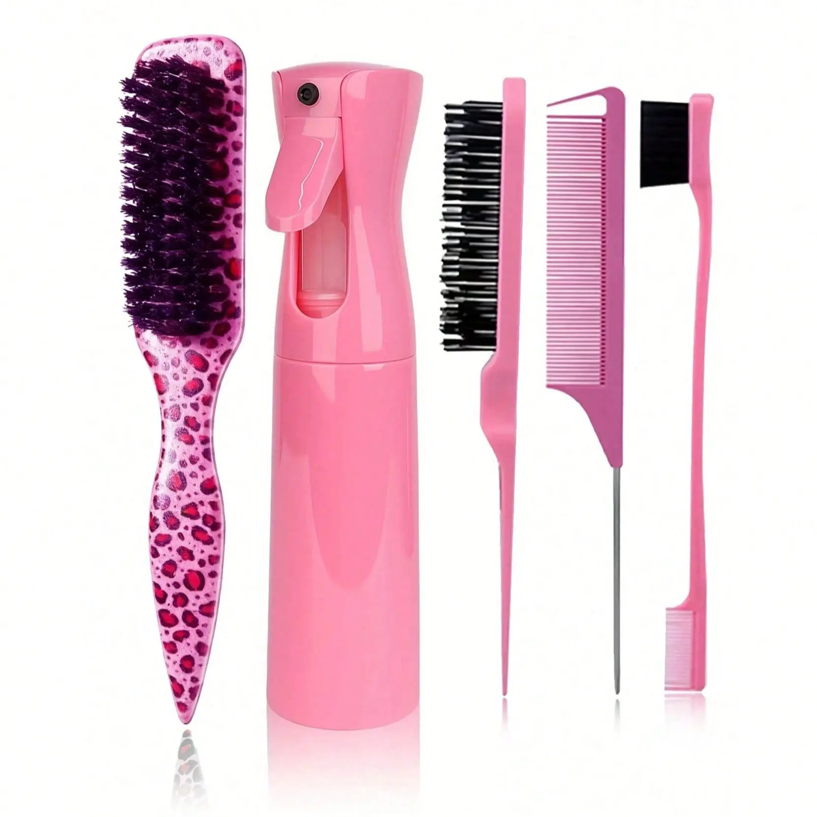 5Pcs Hair Brush Kit, Hair Brush Set, 200ml Spray Bottle, Beard Brush, Essential Hair Brushes, Hairstyle Brush, Slick Back Hair Brush For Ponytail & Smoothing Baby Hairs, Edge Control, Backcombing & Teasing Hairbrush With Rat Tail For Sectioning Women Men