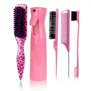 5Pcs Hair Brush Kit, 200ml Spray Bottle, Beard Brush, Slick Back Hair Brush For Sleek Ponytail Bun & Smoothing Baby Hairs, Edge Control - Backcombing & Teasing Hairbrush With Wide Rat Tail For Sectioning & Parting Suitable for Women Men